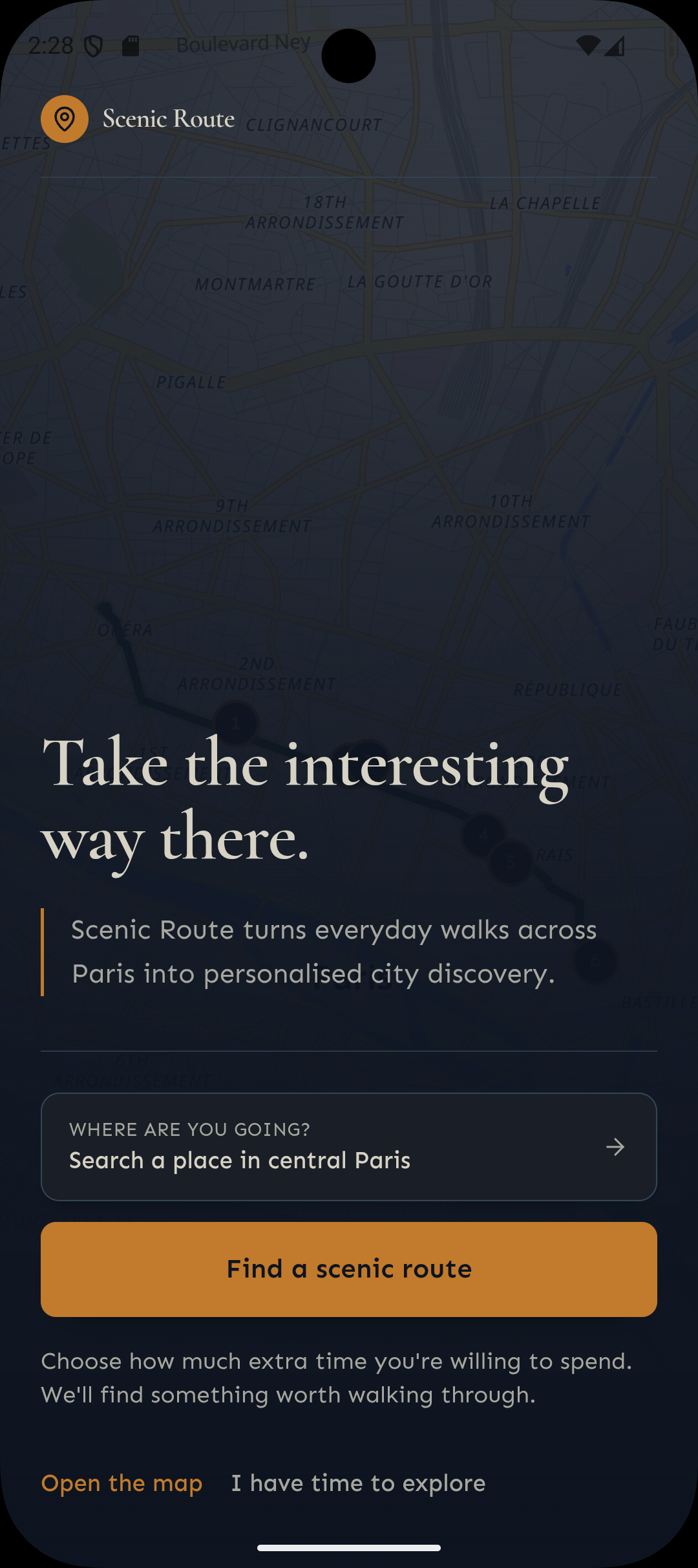 Scenic Route search screen with a Paris map, destination field, and invitation to choose a discovery-oriented walking route.